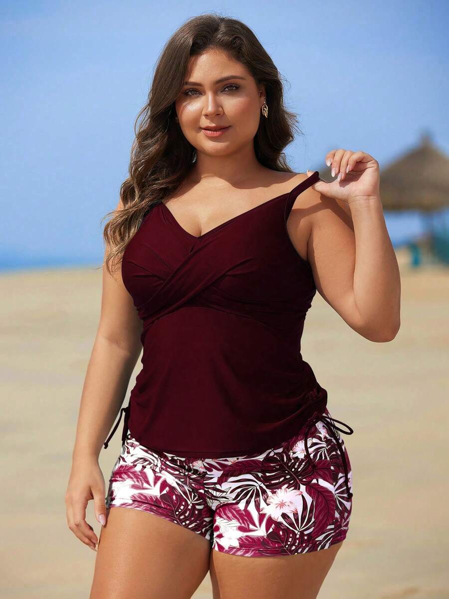 Swim Lushoire Plus Size Women Floral Print Tankini Swimwear - Burgundy - View 1