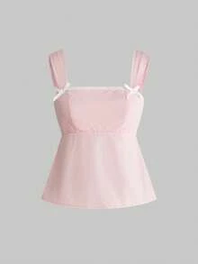 Sweetness Sweet Romantic Casual Pink French Cap Sleeve Bow Collar Ruffle Hem Ladies Tank Top - Pink - View 1