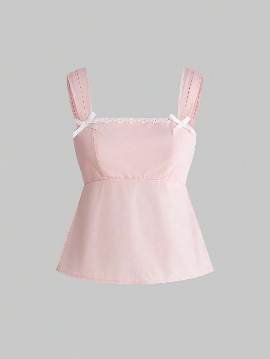 Sweetness Sweet Romantic Casual Pink French Cap Sleeve Bow Collar Ruffle Hem Ladies Tank Top - Pink - View 1