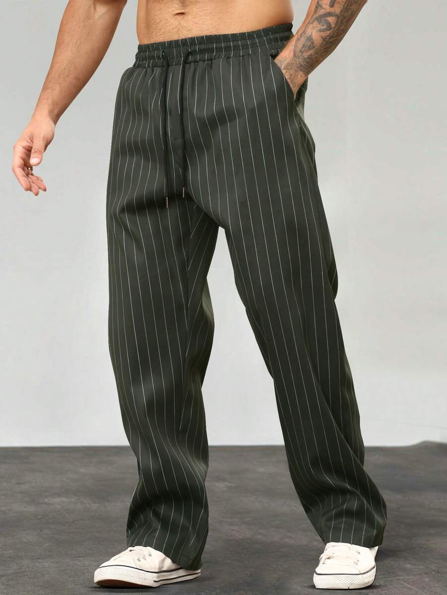 Manfinity Homme Men's Casual Striped Pants, Fashion Trousers - Dark Grey - View 1