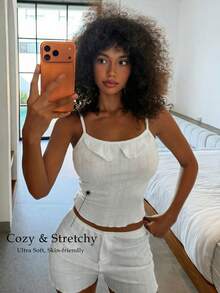 DAZY 女士甜美提花针织吊带背心和短裤睡衣套装，夏季 - 白色 - 查看 5