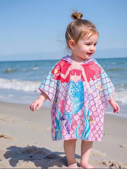 SHEIN Traje de baño con capucha con estampado de sirena de dibujos animados para niña, ideal para vacaciones de verano en la playa