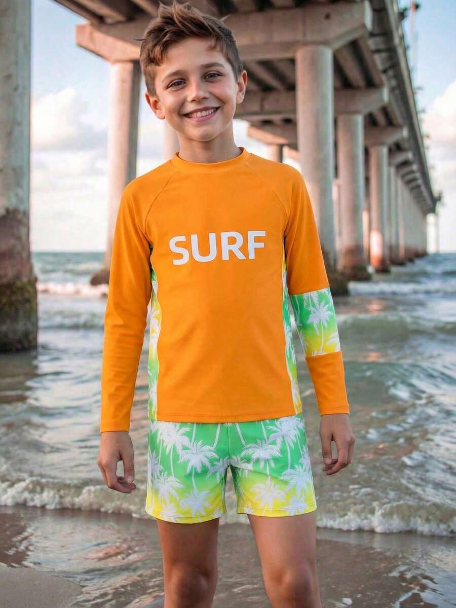 SHEIN 2pcs Tween Boys Swimwear Set,Tropical Orange Summer Funny Beach Vacation Holiday,Palm Tree Long Sleeve Rash Guard Top&Matching Printed Swim Trunks - Multicolor - View 1