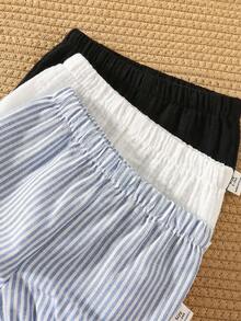 3件套新生儿男/女宝宝夏季休闲百搭条纹纯色弹力腰短裤、打底裤、内衣 - 黑與白 - 查看 3