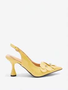 全新 2024 年春夏花卉封闭式露跟细高跟凉鞋，甜美中跟女鞋 - 黃色 - 查看 10