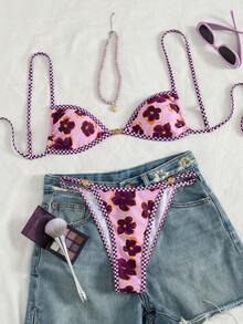 Swim Vcay Bộ bikini gợi cảm dành cho nữ mùa xuân/hè, thích hợp cho lễ hội âm nhạc bãi biển, in họa tiết hoa lưới, đính trang sức kim loại, kiểu dây buộc cổ, hở lưng quyến rũ, kiểu quần lọt khe, thích hợp cho kỳ nghỉ. - Nhiều màu - Xem 3