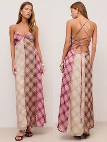 Nöista Đầm dài họa tiết kẻ caro ghép mảnh, lưng chéo và dây đeo có thể điều chỉnh. Mùa xuân, hè, dành cho nữ. - Nhiều màu - Xem 1