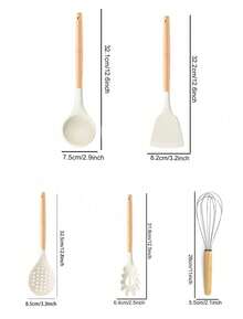 Madebyblanc Bộ dụng cụ nấu ăn bằng silicon 13 món, bao gồm giá đỡ, bộ dụng cụ nhà bếp, thích hợp để nấu nướng, thìa cán gỗ, kìm. - trắng - Xem 20