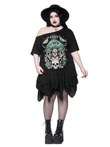 Goth 大码做旧蘑菇骷髅印花单肩T恤 - 黑色 - 查看 2