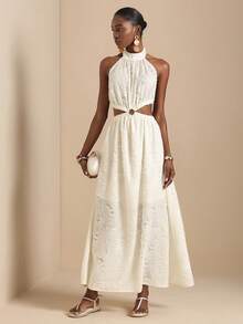 Lyxana Women's Off-White Textured Jacquard Fabric Halter Backless Cinched Waist Back Design Metal Ring Hollow Out A-Line Dress Sexy Elegant Tropical Vacation - Apricot - View 3