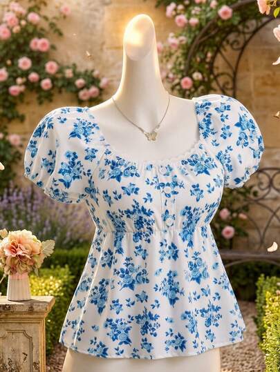 1 Pieza, Blusa de estilo vintage dulce para niña: Adorno de perlas + Lunares blancos, Blusa de cuello cuadrado con mangas cortas abullonadas y cintura recogida, Delgada y no esponjosa, Blusa holgada y suave, Para citas/salidas diarias, Primavera y Verano