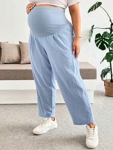 Plussiva Pantalones de moda de talle alto con bolsillo en ángulo de unicolor para maternidad de talla grande - Azul - Ver 4