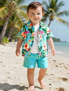 SHEIN Playful Pals 两件套幼儿男童休闲假日短袖polo衫和纯色短裤夏季套装 - 彩色 - 查看 9
