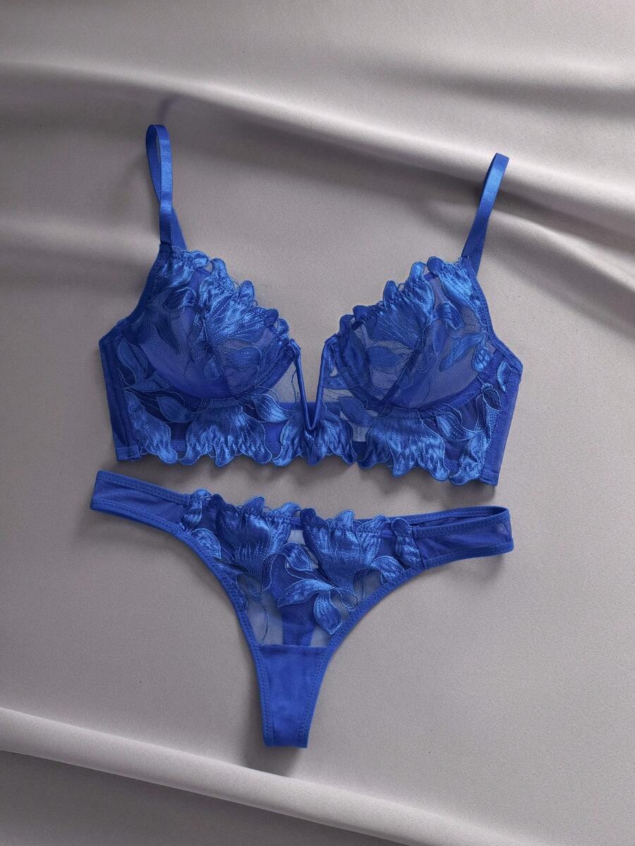 EmpressEnvy 2件套法式经典黑色V领内衣文胸和内裤套装 - 寶藍色 - 查看 1