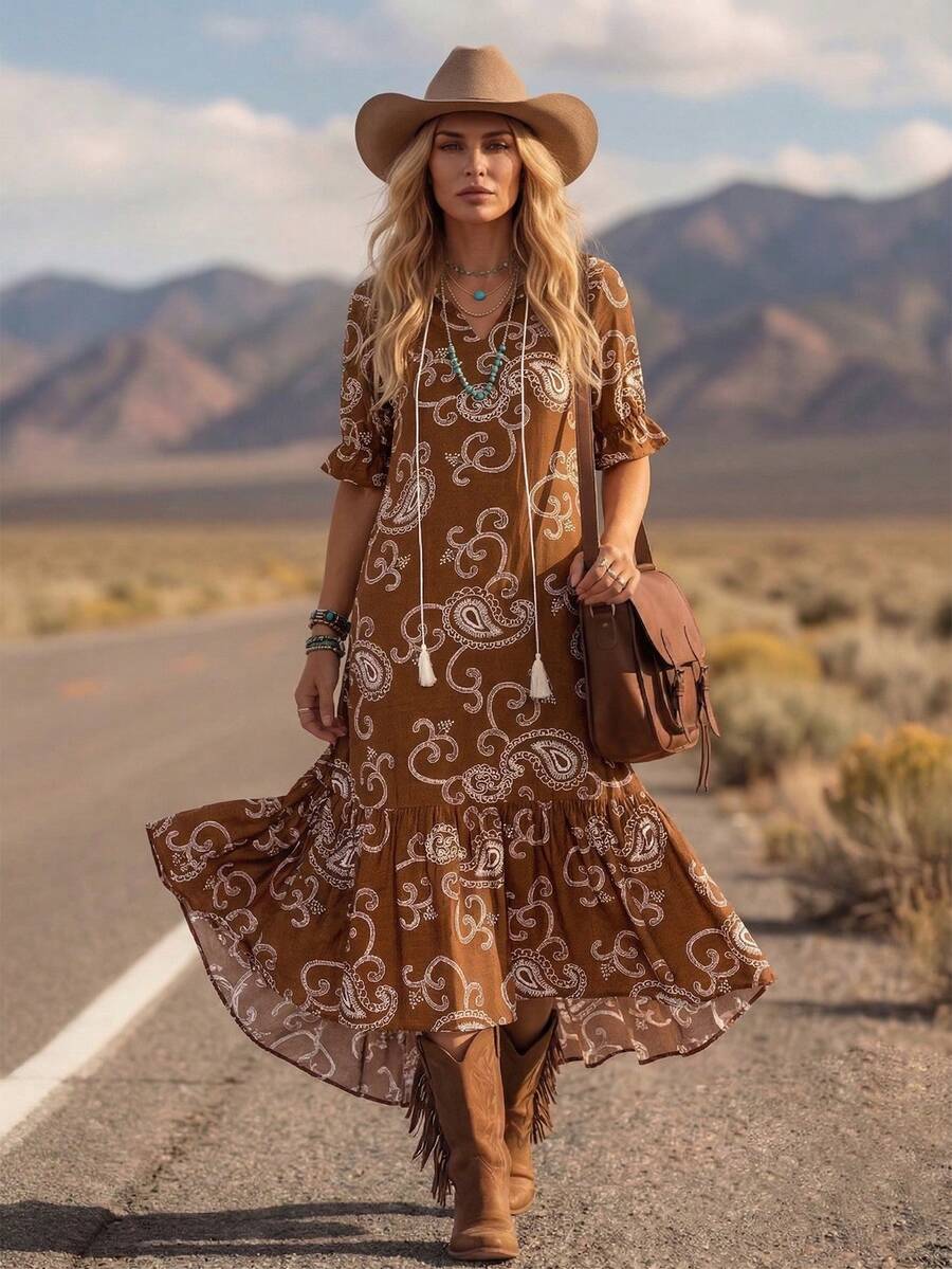 LanaWest Đầm nữ phong cách Bohemian in họa tiết tay lửng, đầm nữ Bohemian tua rua, áo kiểu nữ tay ngắn xếp ly cổ buộc dây in hoa dáng rộng, đầm dài kẻ caro Paisley, đầm dài thường ngày cho mùa xuân và mùa thu. - màu nâu - Xem 1