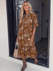 LanaWest 女士波西米亚风印花中袖连衣裙，女士波西米亚流苏荷叶边短袖系领宽松长款印花衬衫，佩斯利格纹女士长裙，春秋季休闲长裙 - 棕色 - 查看 4