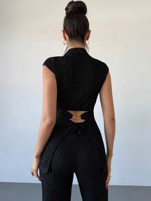 Rafferiza Set da 2 pezzi composto da top corto con decorazione a catena e pantaloni a zampa d'elefante, moda estiva da donna - nero - Visualizzare 3