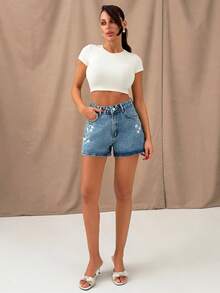 SHEIN Women's High Waist Washed Rhinestone Embroidered Casual Jeans - Medium Wash - View 3
