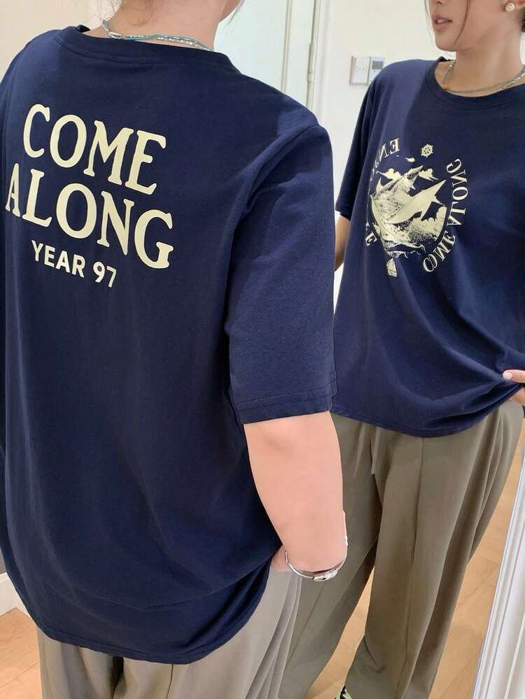 Dazy Plus Graphic Print Round Neck Fitted Short Sleeve Street Style Casual Versatile T-Shirt, Plus Size For Women Spring/Summer