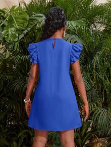 SHEIN Teen Girl Bright Fuchsia Cap Sleeve Ruffle Hem Loose A-Line Short Smock Dress, Casual Resort Wear - Royal Blue - View 2