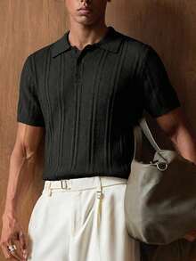 AKNOTIC Men's Solid Color Polo Collar Short Sleeve Casual Knit Top - Black - View 3