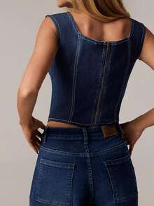 SHEIN Forever 21 夏季/乡村音乐会/乡村音乐会/茶会/优雅/音乐会/休闲女士/夏季/蓝色牛仔上衣 - 藍色 - 查看 2