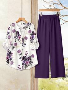 EMERY ROSE Purple Floral Print Plus Size Women Cuffed Sleeve Shirt And Wide Leg Pants 2 Pieces Set - Multicolor - View 5
