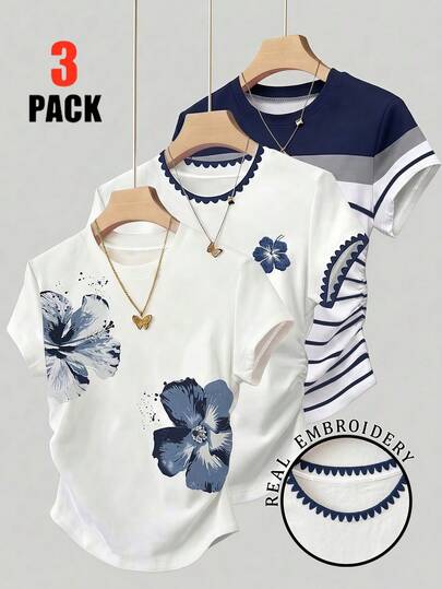 Set de 3 camisetas casuales minimalistas para niñas, en blanco, azul marino, a rayas, estampado floral, bordado de dientes de perro, de vuelta al colegio, ropa casual