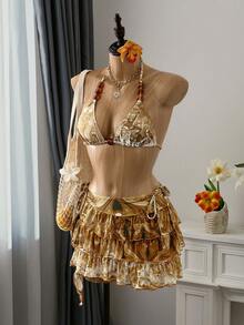 Bellisia Summer Women 3-Piece Set: Marble Print Beaded Necklace, Triangle Top With Tie Sides, Layered Ruffle Skirt Bikini Swimwear Beach Vacation Gold Sexy - Coffee Brown - View 5