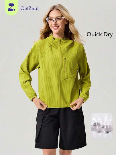 OutZeal 女士户外夹克 日常休闲速干透气带帽安全口袋户外上衣