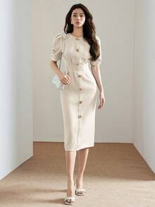 Heiryn New Arrival Waist Ruched Puff Sleeve Metal Button Decor Commuter Versatile Dress - Apricot - View 7