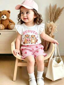 SHEIN Playful Pals 2件套女婴0-3岁春夏新款休闲可爱日常卡通猫吃西瓜短袖T恤+粉色爱心短裤套装 - 粉色 - 查看 3
