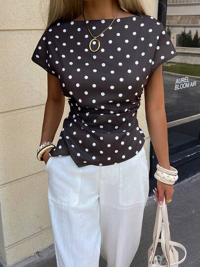 Siren Gaze Women's Elegant Brown Polka Dot Boat Neck Ruched Asymmetrical Hem Short Sleeve Blouse Casual Summer Office Top, Fashion Commuter Style, Brown Blouse, Polka Dot Blouse