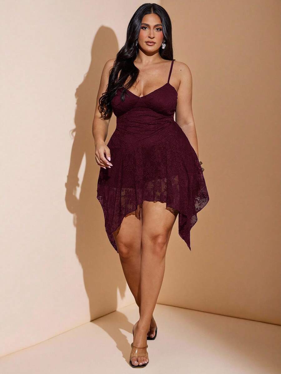 SHEIN BAE Vestido asimétrico de encaje para mujer de talla grande - Burdeos - Ver 1