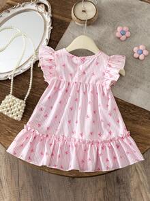 SHEIN Đầm bé gái kẻ sọc nhiều màu sắc, viền hoa, kiểu dáng thường ngày dễ thương với họa tiết hoa 3D, thích hợp cho mùa xuân/hè. - Hồng - Xem 3