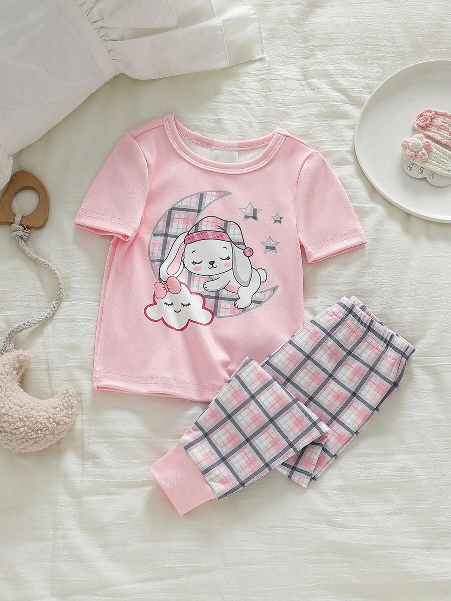 SHEIN 两件套女童贴身睡衣套装,粉色可爱云朵、月亮和兔子印花短袖上衣和裤子。 - 粉色 - 查看 1