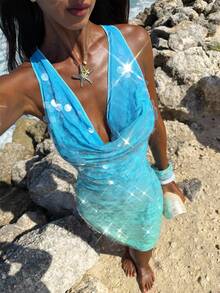 Opulessa 春夏度假风串珠露背吊带迷你连衣裙（女款） - 藍色 - 查看 1