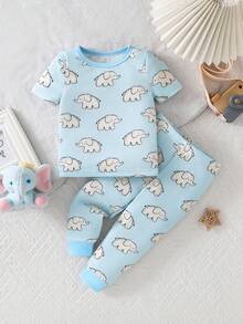SHEIN GraphicGems 2-Piece Baby Boys Toddler Pajamas Set,Cute Blue Summer Family Matching Cartoon Animal Print Short Sleeve Top&Long Pants Snug Fit Sleepwear - Baby Blue - View 1
