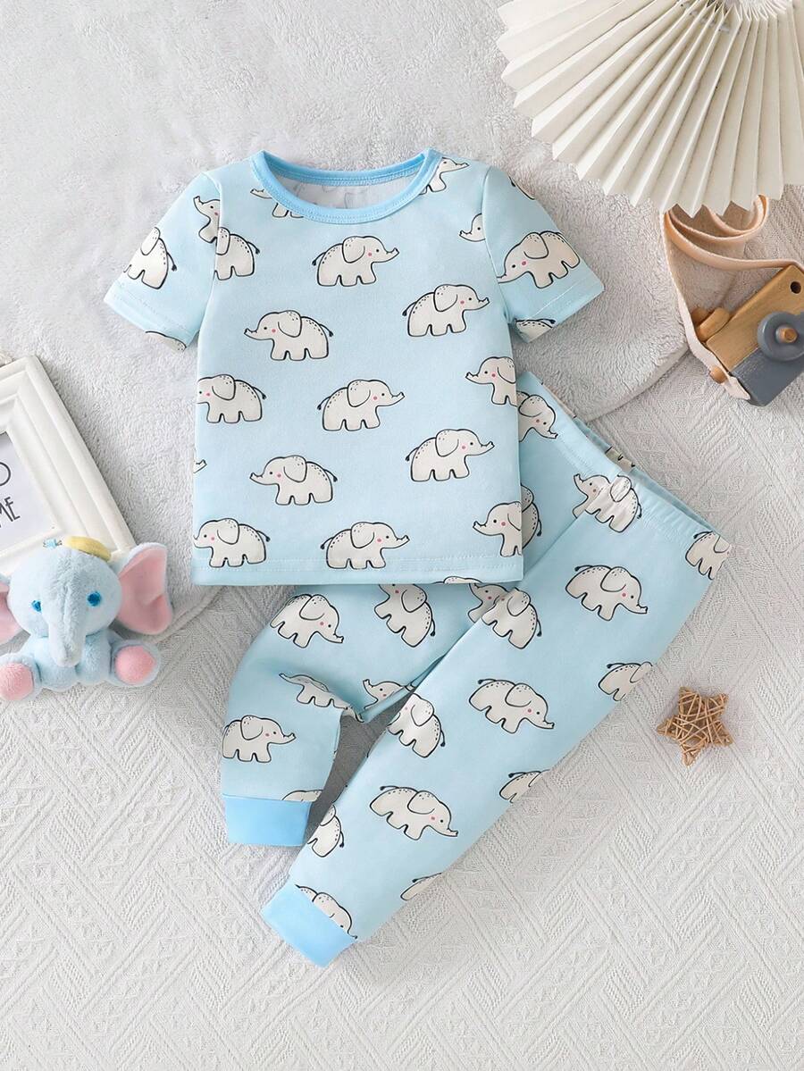 SHEIN GraphicGems 2-Piece Baby Boys Toddler Pajamas Set,Cute Blue Summer Family Matching Cartoon Animal Print Short Sleeve Top&Long Pants Snug Fit Sleepwear - Baby Blue - View 1