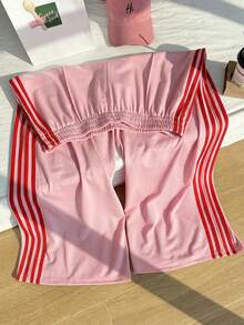 Comfortcana Plus Size Women Elastic Waist Side Stripe Wide Leg Loose Sweatpants - Baby Pink - View 6