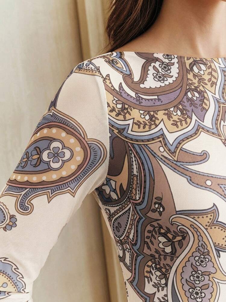 Elegant Design Waist Cashew Random Print Slim Fit Dress, Vacation Outfits For Women, From Spring To Summer