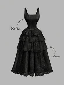 Skyraze Women's Solid Color Lace Multi-Layer Ruffle Romantic Dress - Black - View 2