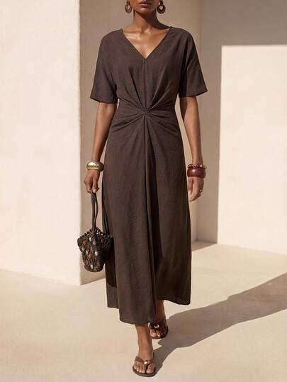 Zivah Spring/Summer New Music Festival, Easter, St. Patrick's Day, Valentine's Day, Date, Western, Nomadic, Birthday Party, Graduation, College Style, Student, Daily Wear, Basic Versatile, Casual, Vacation, Cruise Travel, Beach, Sunbathing, Viral , Streetwear, Wedding Guest Boho, Commute, Brunch, Airport, Party, Holiday Outing, Office Wear V-Neck Short Sleeve Ruched Waist Long Linen Brown Loose Dress