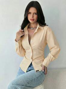 Firerie 51%棉质女士黄白条纹长袖衬衫，系带腰身，休闲通勤衬衫，度假衬衫，收腰条纹衬衫，适合春、夏、秋、冬四季穿着，优雅，度假风，波西米亚风，工作装 - 黃色 - 查看 4
