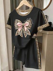春夏休闲时尚创意个性清新简约豹纹蝴蝶结撞色标语印花舒适日常穿着温暖夏日风格适合春夏少女氛围套装黑色套装 - 彩色 - 查看 1