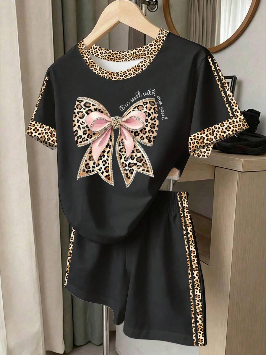 春夏休闲时尚创意个性清新简约豹纹蝴蝶结撞色标语印花舒适日常穿着温暖夏日风格适合春夏少女氛围套装黑色套装 - 彩色 - 查看 1