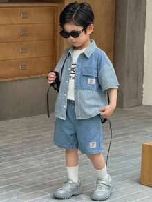 SHEIN 2件套 男童宽松牛仔蓝短袖衬衫和短裤套装 - 淺色水洗藍 - 查看 5