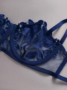 2 件枫叶刺绣透明胸罩和丁字裤套装，性感内衣套装 - 藍色 - 查看 5