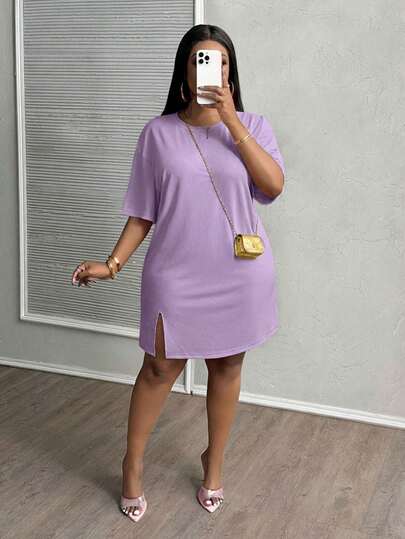 Slaydiva Đầm ngắn tay màu hồng xẻ tà bên hông, dáng suông, cỡ lớn, thích hợp cho kỳ nghỉ xuân sớm, kiểu dáng thường ngày, dành cho người có thân hình đầy đặn.