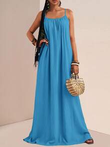 Slaydiva Gaun Maxi Kasual Ukuran Besar Warna Polos, Gaun Santai, Gaun Musim Panas untuk Wanita - Mint Blue - View 6
